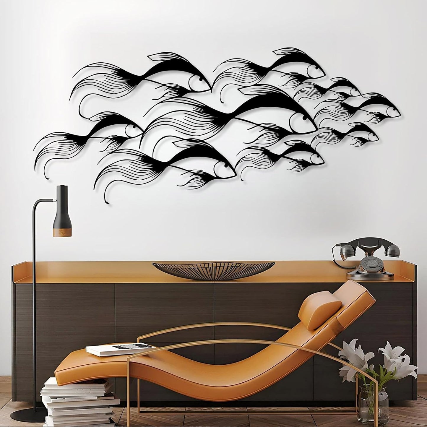 School of Fish Metal Wall Art, Metal Fish Wall Decor, Sea Life Wall Art, Large Nautical Wall Hanging, Modern Beach House Wall Decor, Ocean Themed Artwork for Bathroom (Black, 59"x25" | 150x64cm)