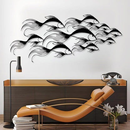 School of Fish Metal Wall Art, Metal Fish Wall Decor, Sea Life Wall Art, Large Nautical Wall Hanging, Modern Beach House Wall Decor, Ocean Themed Artwork for Bathroom (Black, 59"x25" | 150x64cm)
