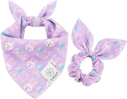 E-Clover Easter Dog Bandana & Matching Scrunchie-Bunny Dog Bandanas Pet Scarf Bib for Samll Dogs Puppy Girl Boy Owner Gift Purple