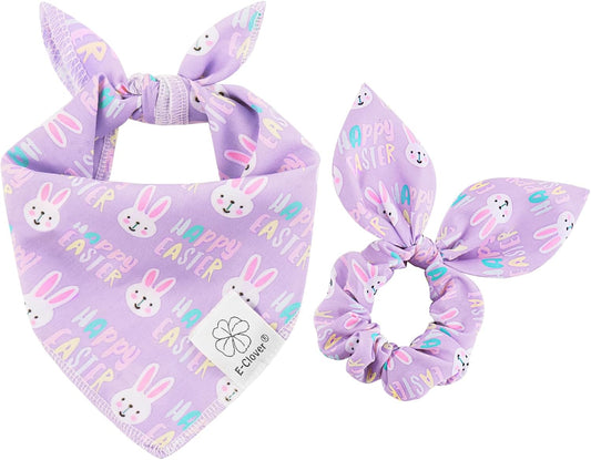 E-Clover Easter Dog Bandana & Matching Scrunchie-Bunny Dog Bandanas Pet Scarf Bib for Samll Dogs Puppy Girl Boy Owner Gift Purple