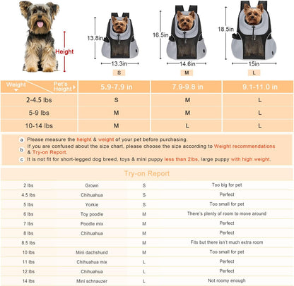 WOYYHO Pet Dog Carrier Backpack Small Dog Front Backpack Ventilated Mesh Dog Travel Back Pack with Safety Belt for Travel Hiking Cycling Outdoor Adventures (Size M: 5-9 lbs, Grey)