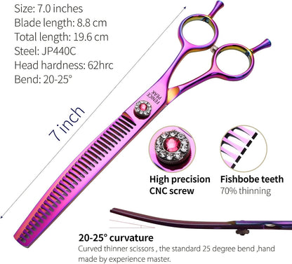 Fenice Peak Professional Dog Grooming Scissors Pet Curved Chunker Shears 7.0'' Extremely Sharp Blades 440C Steel Thinning Scissors Durable Smooth Motion & Fine Cut for Dogs and Cats (Multicolored)
