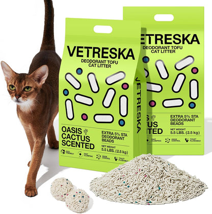 VETRESKA Tofu Cat Litter, Natural Kitty Litter Strong Clumping Flushable Pellets, Ultra Water Absorbent Deodorant Tofu Litter, Dust-Free Low Tracking Cat Litter, Cactus(5.5lb×2bags)