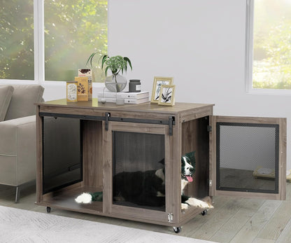 LINLUX 40 Inch Dog Crate Furniture, Wooden Heavy Duty Dog Kennel Indoor, Decorative Dog Cage Table for Large Medium Dogs, with Sliding Doors, Wheels and Flip-top Plate