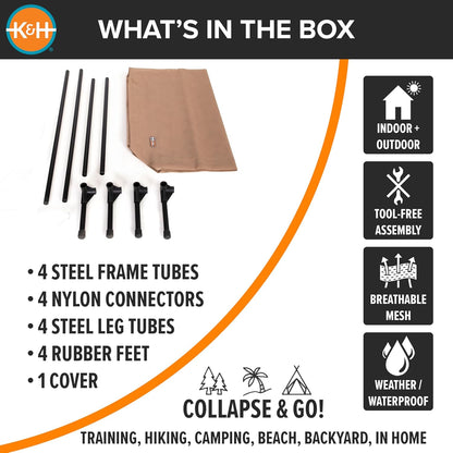 K&H Pet Products Outdoor Elevated Dog Cot, Cooling Raised Bed with Waterproof Breathable Mesh for Large Dogs, Portable Place Bed with Heavy-Duty Metal Frame, Big Hammock Style - Large Tan