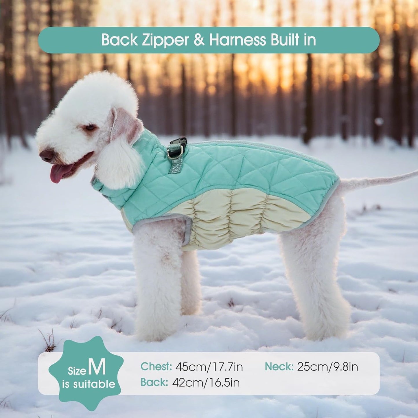 FUAMEY Dog Coat for Large Dogs,Waterproof Dog Winter Jacket with Harness Built in Puppy Cold Weather Coats Reflective Pet Vest with Zipper Warm Fleece Dogs Snowsuit Windproof Mint Green XL