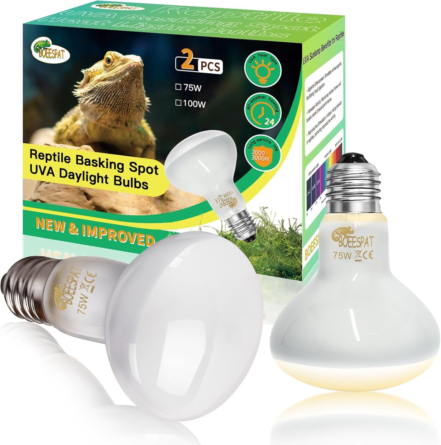 Pack of 2 Reptile Basking Light Bulbs - Incandescent 75W Simulated Sunlight UVA Heat Bulbs for Bearded Dragons, Geckos, Iguanas, Lizards, Amphibians & Small Pets