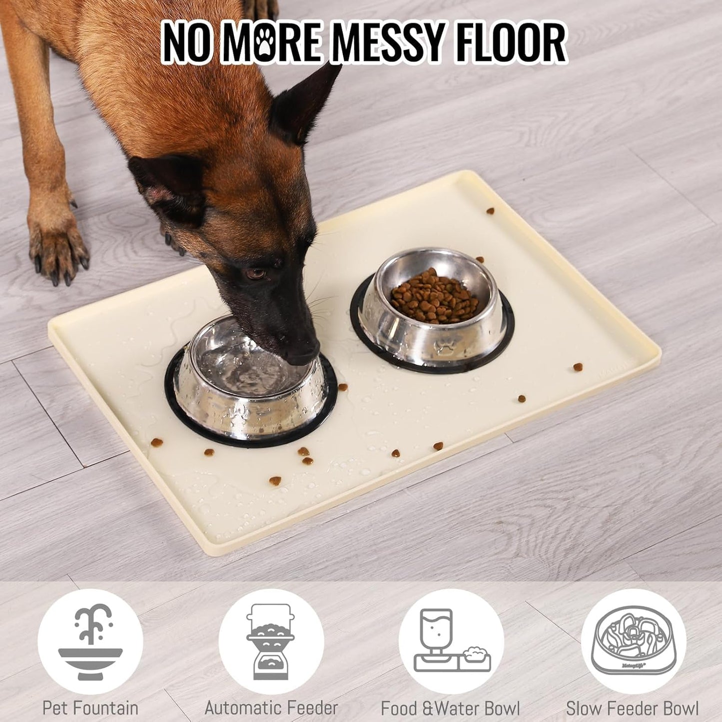 MateeyLife Dog & Cat Food Mat for Floors Waterproof, Nonslip Pets Bowl Mats for Dining and Drinking, Dogs Feeding Mats with Raised Edges, Silicone Cats Matt Tray for Messy Drinkers, 24"x16", Beige