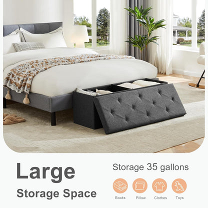 Sweetcrispy Foldable Storage Ottoman 43in, Storage Chest, Large Ottoman Bench Foot Rest Stool with Padded Seat for Entryway Living Room, Bedroom,Load 350lbs, Modern Grey