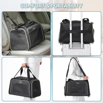 PETSFIT Pet Carrier Airline Approved with Extendable Mat, Dog Carriers for Small Dogs, TSA Approved Pet Carrier, Puppy Carrier for Small and Medium Cats Under 12 Lbs, Black