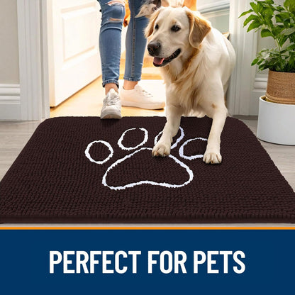 OLANLY Door Mat for Muddy Dog Paws 47x24, Ultra Absorbent Chenille Mud Doormat with Paw Print Design, Non-Slip Washable Doormat for Indoor Entryway, Quick-Dry Pet Bed Mats for Dirty Dogs, Brown