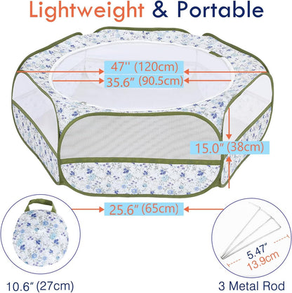 Pawaboo Small Animals Playpen, Waterproof Small Pet Cage Tent with Zippered Cover, Portable Outdoor Yard Fence with 3 Metal Rod for Chick/Kitten/Puppy/Guinea Pig/Rabbits/Hamster, Blue + White Flower