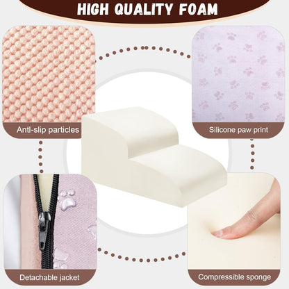 Dog Stairs for Small Dogs - High Density Foam Pet Steps, Extra Wide Dog Ramp with Non-Slip Bottom for High Beds, Couch and Sofa, Best for Dogs Injured, Older Doggy Cats, 2 Steps, Pink