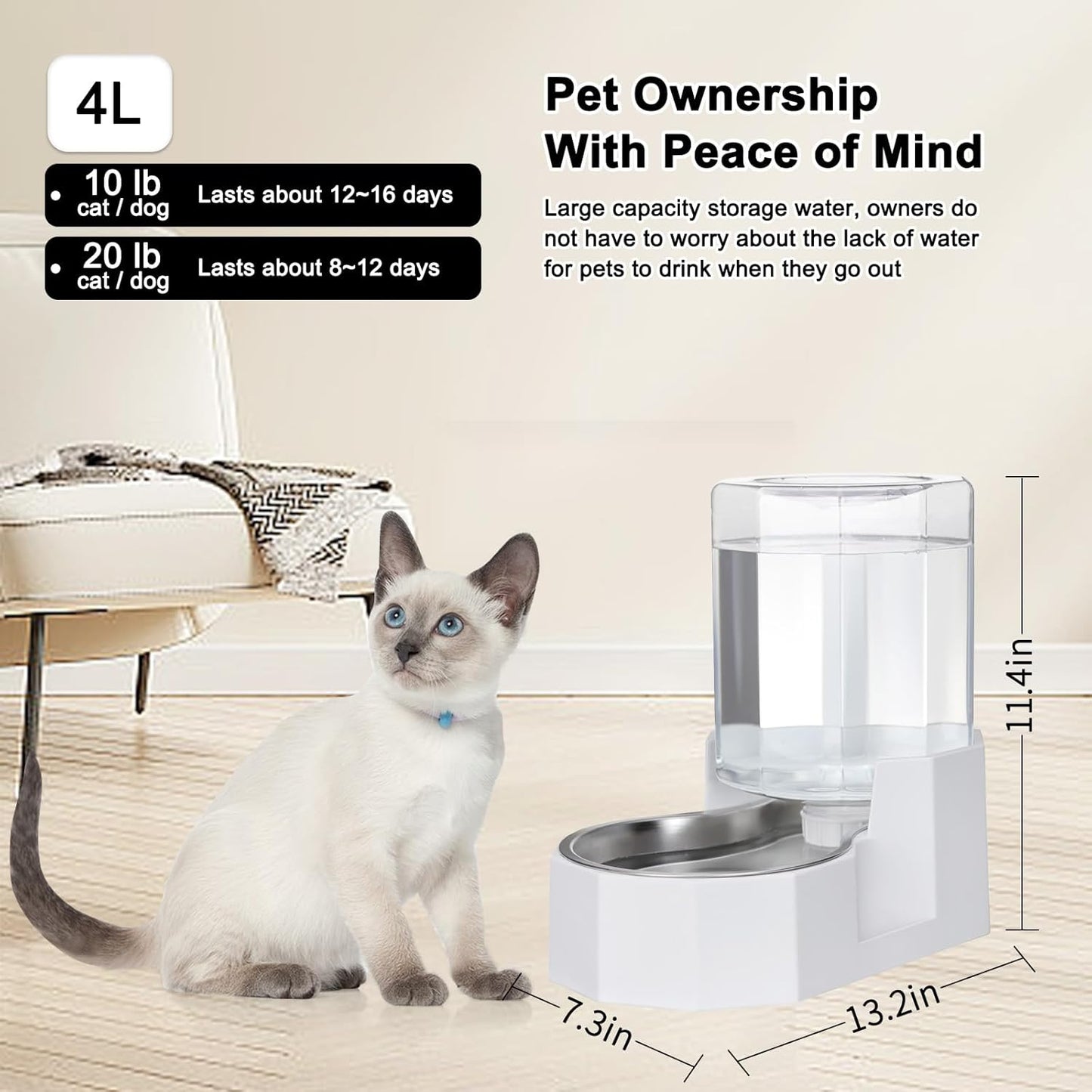 Sfozstra Gravity Water Bowl Dispenser : Automatic 4L White Cat Stainless Steel Feeder Without Filters for Pets Indoor/Outdoor by Owners
