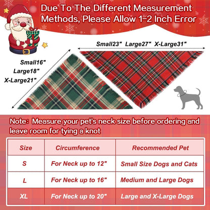 Vivifying Dog Christmas Bandana with Tassels Edges, 2 Pack Classic Plaid Triangle Pet Apparel & Accessories, Funny Holiday Dog Scarf Costume for Photo Prop, and Party Decor (X-Large, Red&Green)