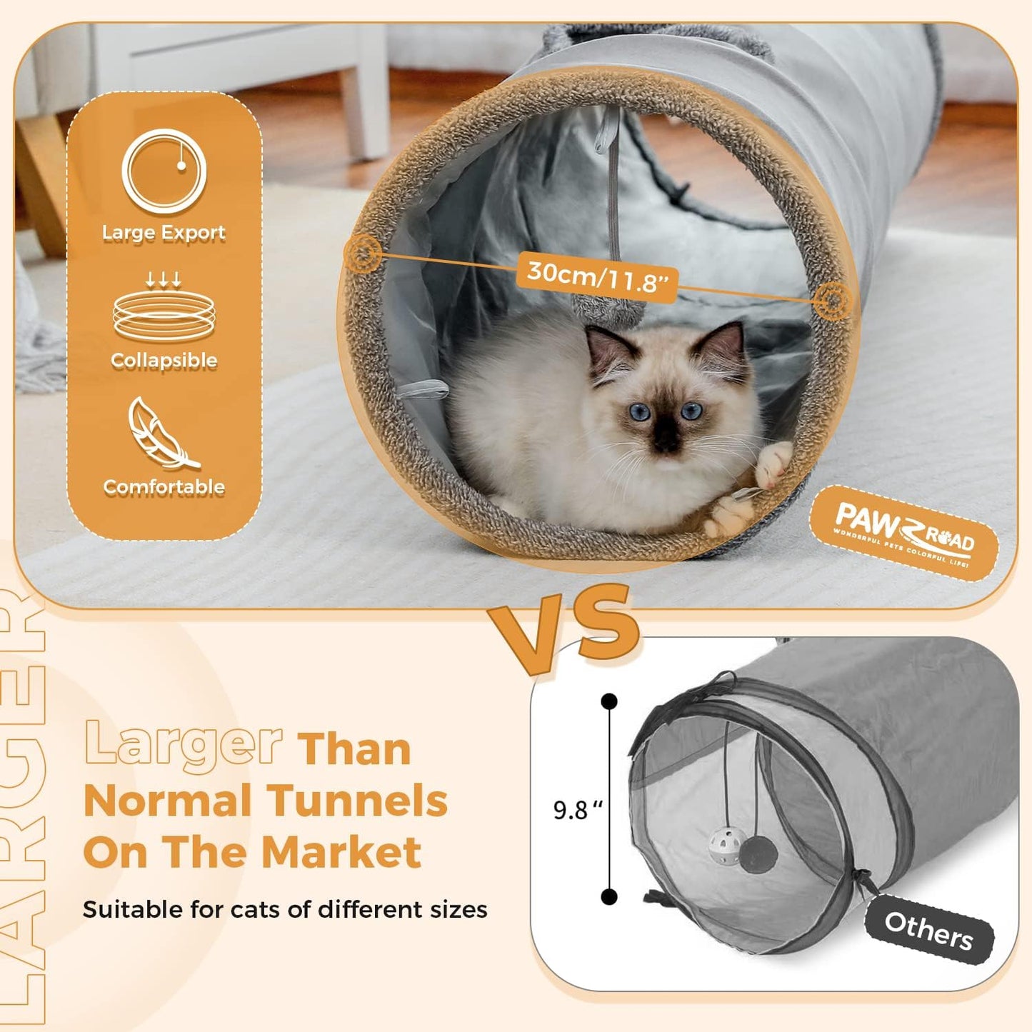 PAWZ Road Cat Tunnel 51 Inches Long Cat Toys Collapsible Tunnel 12 Inches in Diameter Large Cats Tube for Big Cats,Rabbits and Puppy- Large