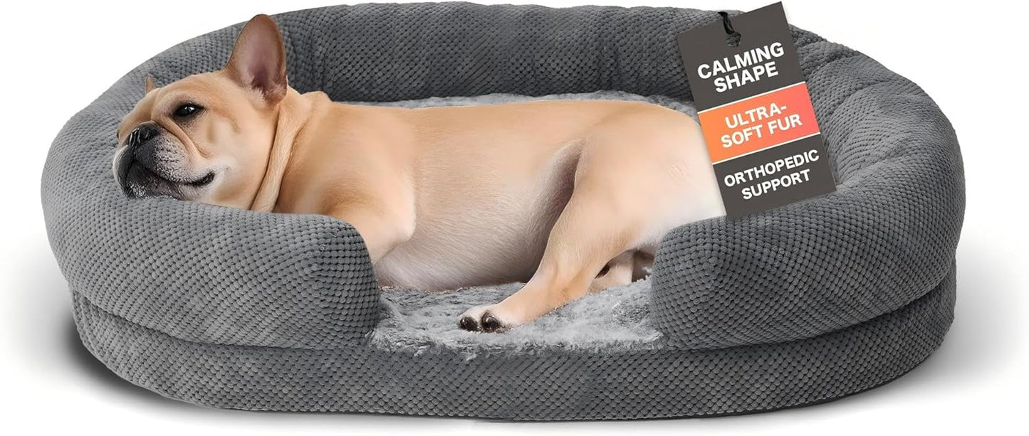 Orthopedic Dog Bed for Medium Dogs, 35" Oval Couch Bed with Sides and Soft Egg Crate Foam, Calming Washable Pet Bed with Anti-Slip Bottom, Durable Cuddler for Sleeping, Grey (35")