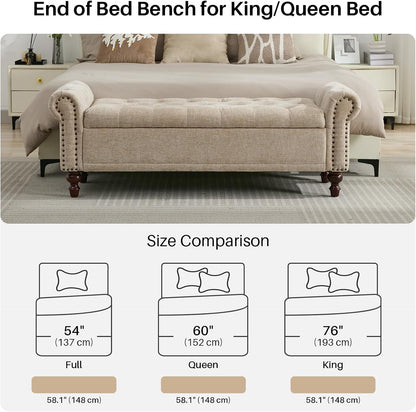 58.1'' Storage Bench Upholstered Chenille End of Bedroom Bed Bench Ottoman with Tufted Cushioned Rolled Arm Large Storage Space for Reading Living Room Entryway, Light Brown
