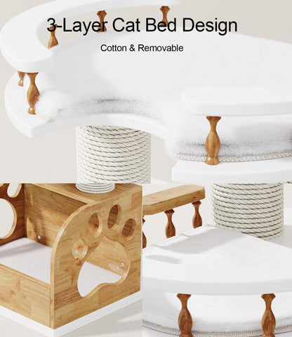 Modern Cat Tree, Solid Wooden Cats Tower, 37" Luxury Cats Trees Condo for Large Cat, Multi-Level Cat Tree Tower Natural Cat House Furniture, with Scratching Posts, Removable Washable Cushions