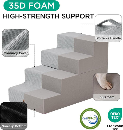 Made4Pets Dog Stairs for High Bed, Extra Wide Pet Stairs for Bed Couch Sofa, 35D Foam Pet Steps for Small Dogs and Cats, Non-Slip Bottom Dog Steps, Light Grey, 5 Steps