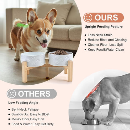 SPUNKYJUNKY Elevated Dog Bowls Ceramic, 6.1'' Dogs and Cat Food Water Bowls Raised with Non-Slip Bamboo Stand for Medium Sized Breed Microwave Dishwasher Safe - 28.7 OZ,Paw White