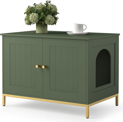 Homhedy Cat Litter Box Enclosure, Cat Washroom Furniture with Metal Frame, Pet House, Fit Most of Litter Box, Modern Style, Green and Gold