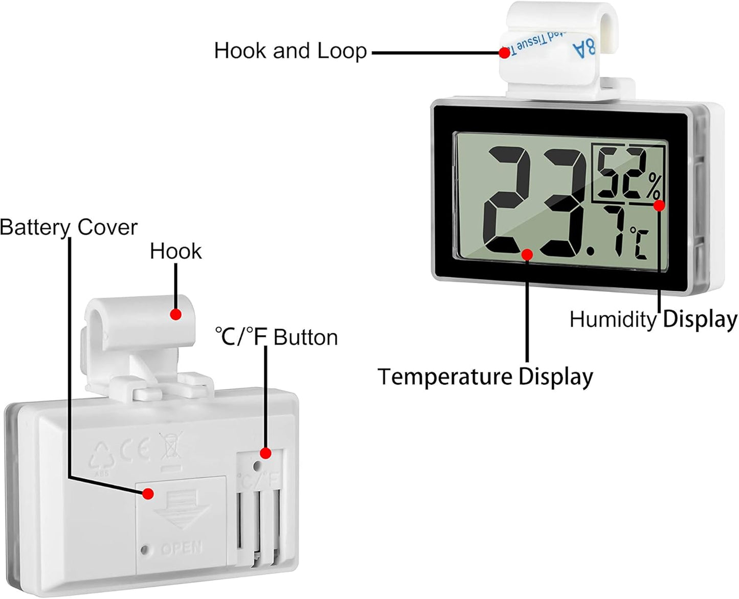 Digital Reptile Thermometer Hygrometer with Hook & Adhesive, LCD Display Temperature Humidity Gauge for Reptile Tanks, Terrariums, Bearded Dragon, Hermit Crab Accessories (-10℃~+50℃/20%-90% RH)