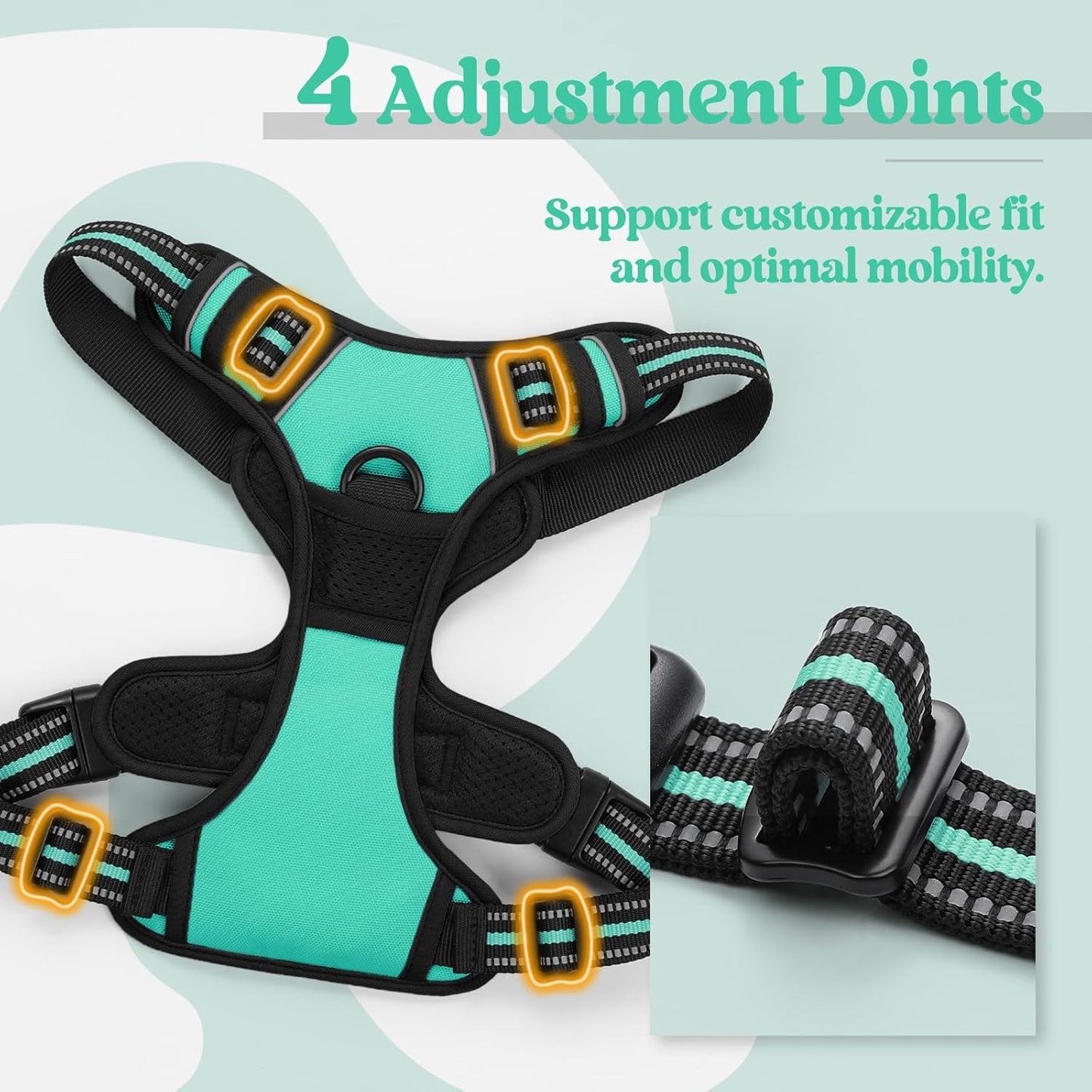 rabbitgoo Dog Harness No Pull with 2 Leash Clips, Adjustable Soft Padded, Reflective Oxford No Choke Pet Vest with Easy Control Handle for Medium Sized Dogs, Turquoise, M