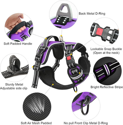 Timos Dog Harness Large Sized, No Pull with Neck Lockable Snap,No Choke Front Clip Dog Reflective Harness,Adjustable Metal Rings 3 Buckles,Easy Control Handle for Large Dogs Purple XL