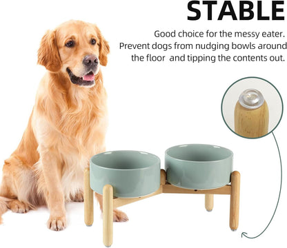 Ceramic 7.3inch Raised Double Bowls Set with Wooden Stand, Food & Water Bowls for Medium Breed Dogs, Weighted Dog Dishes, Pet Feeder(Light Green)