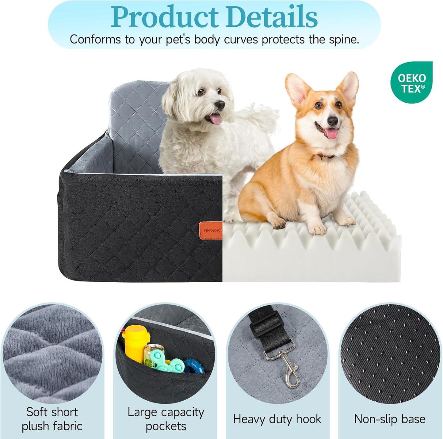 Dog Car Seat for Medium/Large Dogs, Pet Booster Seat for Under 55 lbs or 2 Small Dogs, Detachable & Washable Dog Car Bed for Backseat with 2 Safety Leashes (Black/Grey)