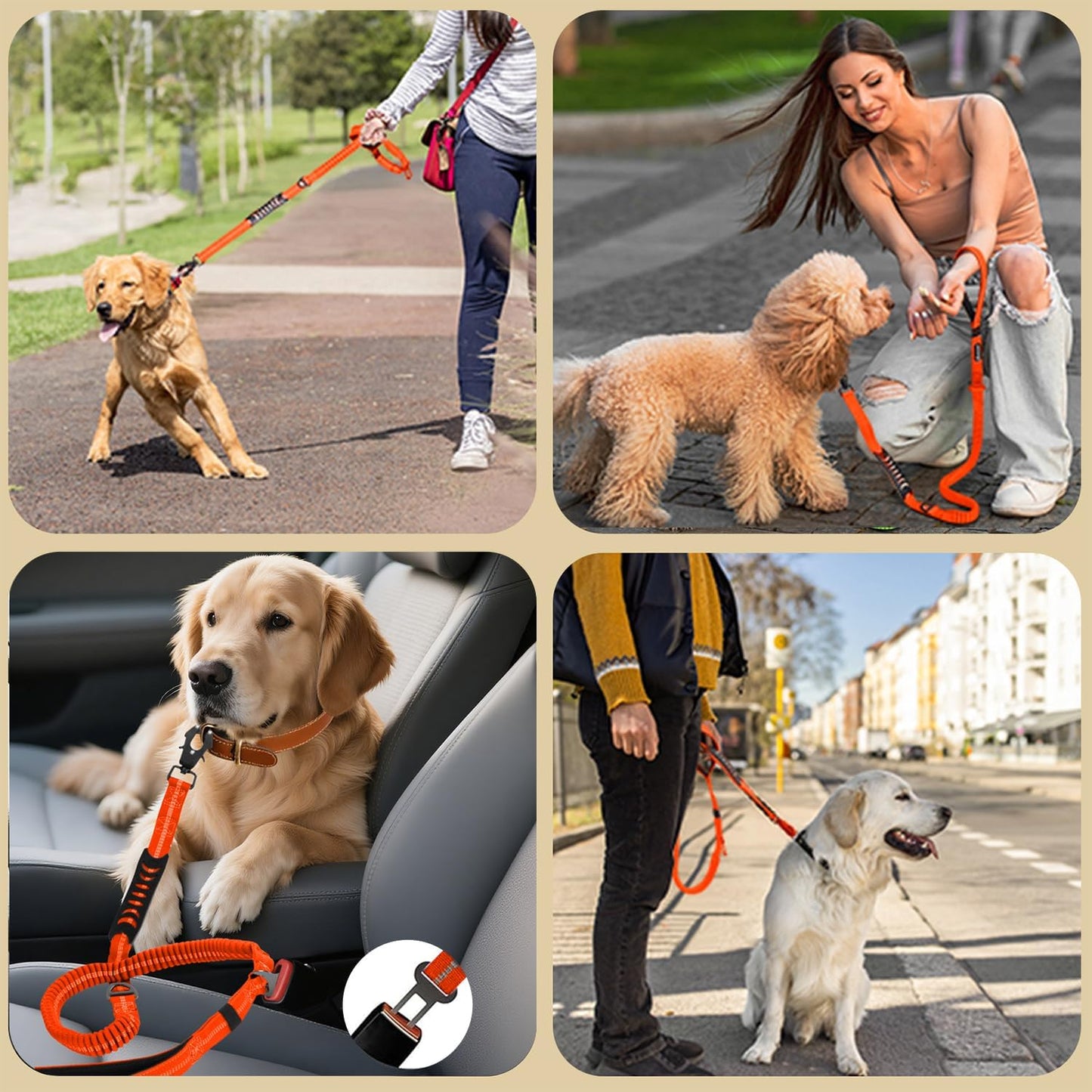 Heavy Duty Tactical Dog Leash, 4-6FT Shock Absorbing Bungee Leash with 2 Padded Handles, Metal Carabiner Clip, Car Seatbelt, Reflective leashes for Large Breed Dogs Medium Dog (Orange)