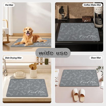 Le courant Dog Bowl Mats for Feeding, Cat Feeding Mat, Non-Slip Super Absorbent,No Stains Quick Dry Dog Water Dispenser.for Messy Drinkers.Easy Clean.Grey.Bone Printing-15.7x23.6 in