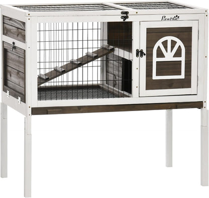 PawHut Wooden Rabbit Hutch, Indoor Elevated Guinea Pig Cage with Run, Ladder, Lockable Doors and Removable Tray, Coffee
