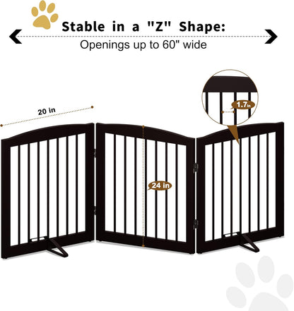 Freestanding Pet Gate for Dogs, Foldable Wooden Dog Gate for House, Indoor Dog Gate for Doorways, Stairs, Gates for Dogs Indoor, Support Feet Included, 24" Height 3 Panels, Brown