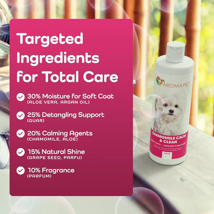 Chamomile Calm & Clean Dog Shampoo for White Coats - Deodorizing Dog Shampoo with Aloe, Argan Oil, Chamomile, Grape Extract - Great for Maltese, Gentle, Hypoallergenic. Soft & Silky Glow.