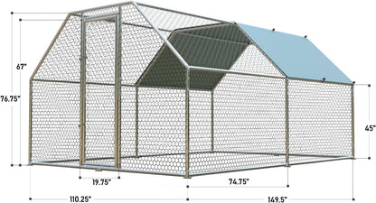 1.26'' Chicken Runs for Yard with Cover, Large Metal Chicken Run Walk in Metal, Outside Dog Kennel with Roof, Flat Roofed Outdoor Kennel for Cats(9.2’L x12.5’Wx 6.4’H)