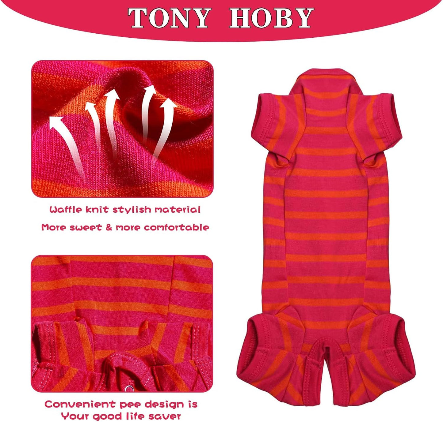 TONY HOBY Dog Pajamas, Female/Male Dog 4 Legged Pajamas, Soft Cotton Dogs Jumpsuit with Stripes (Rose Red&Orange, Girl, L)