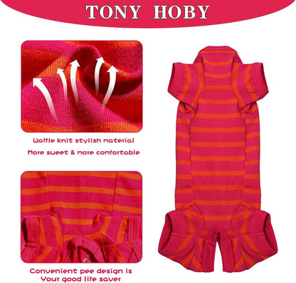TONY HOBY Dog Pajamas, Female/Male Dog 4 Legged Pajamas, Soft Cotton Dogs Jumpsuit with Stripes (Rose Red&Orange, Girl, L)