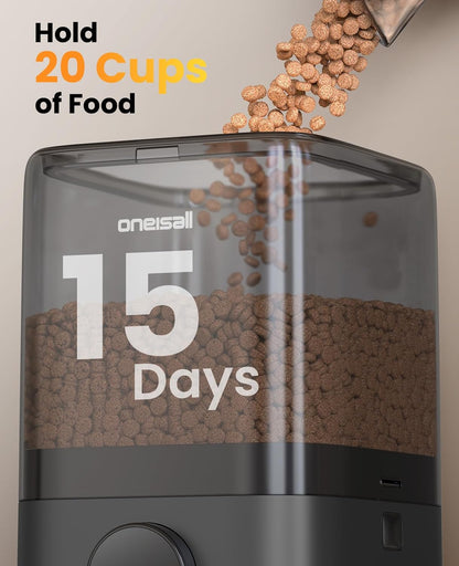 oneisall Wireless WiFi Automatic Cat Feeders 2 Cat, Rechargeable 100-Day Battery Operated Timed Cats Feeder, 20 Cups/5L Cats Food Dispenser Automatic for Large Kibble, Smart App Control.