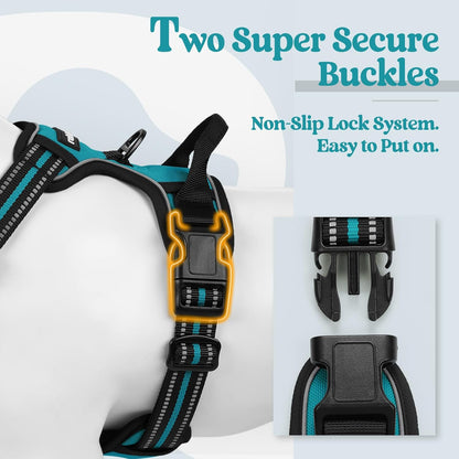 rabbitgoo Dog Harness No Pull with 2 Leash Clips, Adjustable Soft Padded, Reflective Oxford No Choke Pet Vest with Easy Control Handle for Large Dogs, Teal, XL