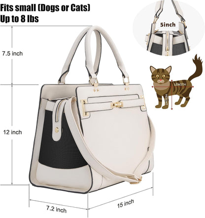 Fashion Pet Carrier Dog Cat Carrier Purse Soft-Sided Leather Handbag Pet Tote Bag for Small Dogs Puppy and Cats TSA Airline Approved (Beige)