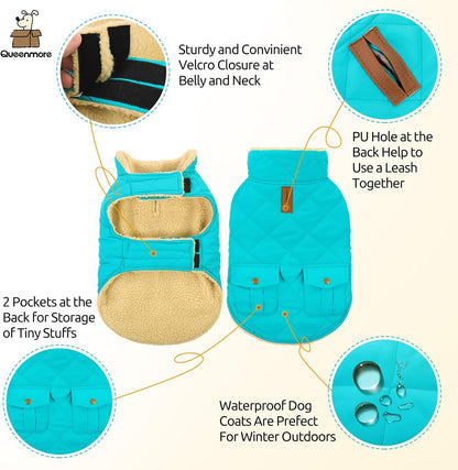 Queenmore Warm Dog Coat, Cold Weather Puffer Dog Coat Vest, Quilting Winter Pet Jacket Ultra Thick Plush Fleece Lining Pet Clothes for Dogs with Storage Pockets (Light Blue,Large)