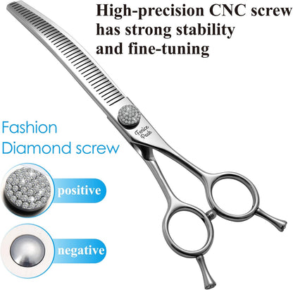 Fenice Peak 7.5‘’ Curved Thinning Dog Grooming Scissors with Jewelled Screw 440C Stainless Steel Pet Grooming Bulking Shears with Symmetrical Handle and Decorative Tail Nails Fluffy Scissors