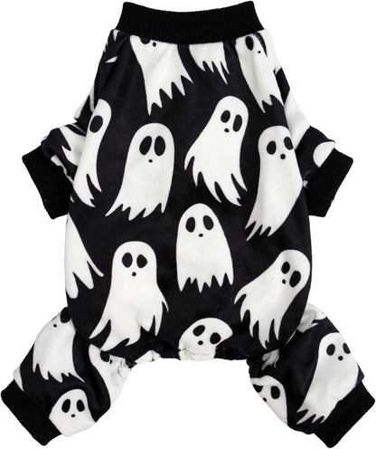 Fitwarm Halloween Ghost Dog Pajamas, Funny Halloween Costumes for Dogs, Fleece Dog Onesie with Feet, Doggy Clothes for Small Dogs Boy Girl, Pet Apparel, Black, White, XL
