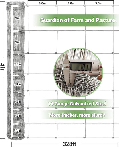 Cattle Farm Fence, 4ft x 328ft Galvanized Wire Fencing for Goat Deer Hog Yard Livestock Animals Protection