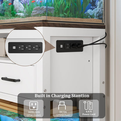 20-29 Gallon Aquarium Stand with Stable Metal Frame & Power Outlet, Heavy-Duty Fish Tank Stand with Waterproof Mat, 550LBS Capacity Storage Cabinet, White+Brown