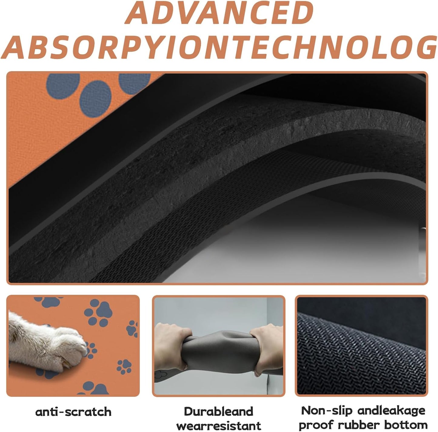 12"×20" Dog Food Mat-Absorbent Dog Mat for Food and Water, No Stains Quick Dry Cat Bowl Mat Non Skid Feeding Mat with Footprints for Messy Drinkers Orange