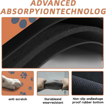 12"×20" Dog Food Mat-Absorbent Dog Mat for Food and Water, No Stains Quick Dry Cat Bowl Mat Non Skid Feeding Mat with Footprints for Messy Drinkers Orange