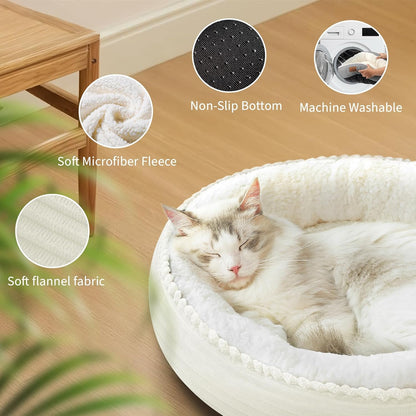 23in Cream Round Cat Dog Bed Gift for Large Medium Small Dogs Cats, Machine Washable Sleeping Sofa, Non-Slip Bottom Breathable Soft Calming Pet Cuddler for Indoor/Outdoor/Car/Cage